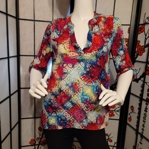 FURY LADIES SHEER BRIGHT ART V-NECK BLOUSE SIZE SMALL